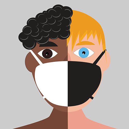 illustration of woman split in color wearing a medical mask